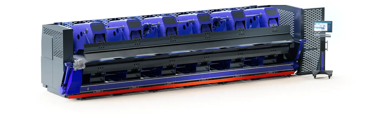 Freigestellte 3D-Illustration des vollelektrischen Variobend V2.5 Doppelbiegers mit langem blauem Maschinengehäuse und roter LED-Beleuchtung.