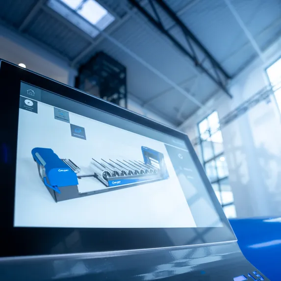 Touchdisplay des Slinet 2-Tonnen-Coillagers mit S-Touch Maschinensteuerung und grafischer Darstellung des automatisierten Coil-Lagersystems.