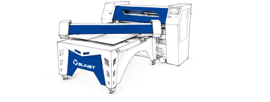 Technische Illustration der Slinet Flexcut mit blauem Maschinengestell und integrierter Schneideinheit für präzise Schrägschnitte.