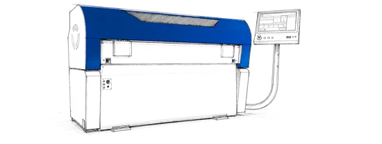 Technische Illustration der Slinet S1.5 Längs- und Querteilanlage mit blau-weißem Maschinengehäuse und seitlichem Bedienpanel.