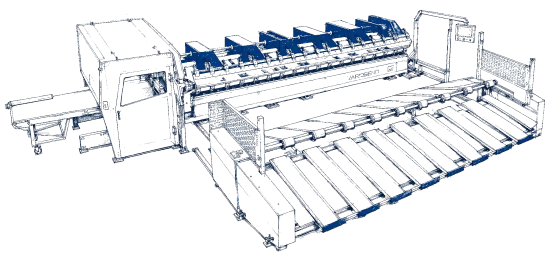 Technische Illustration der Variobend und Slinet Automatisierung mit vernetzter Blechbearbeitungsanlage und Entnahmeeinheit.