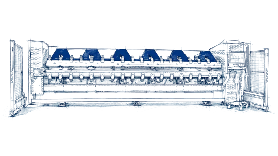 Technische Illustration des Variobend Doppelbiegers in seitlicher Gesamtansicht mit blauem Maschinenaufbau.