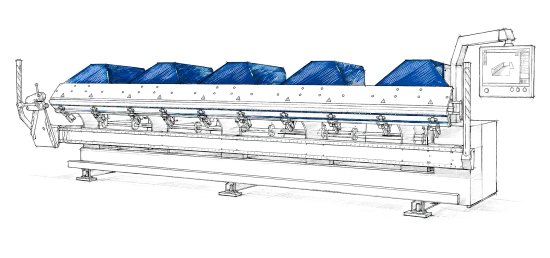 Technische Illustration des Variobend Einfachbiegers mit blauem Maschinengehäuse und seitlich angeordnetem Bedienpanel.