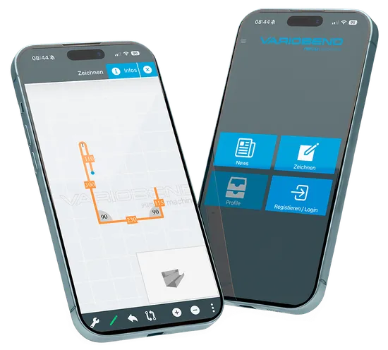 Produktillustration der Variobend V-Mobile App auf zwei Smartphones mit grafischer Profilansicht und übersichtlichem Funktionsmenü.