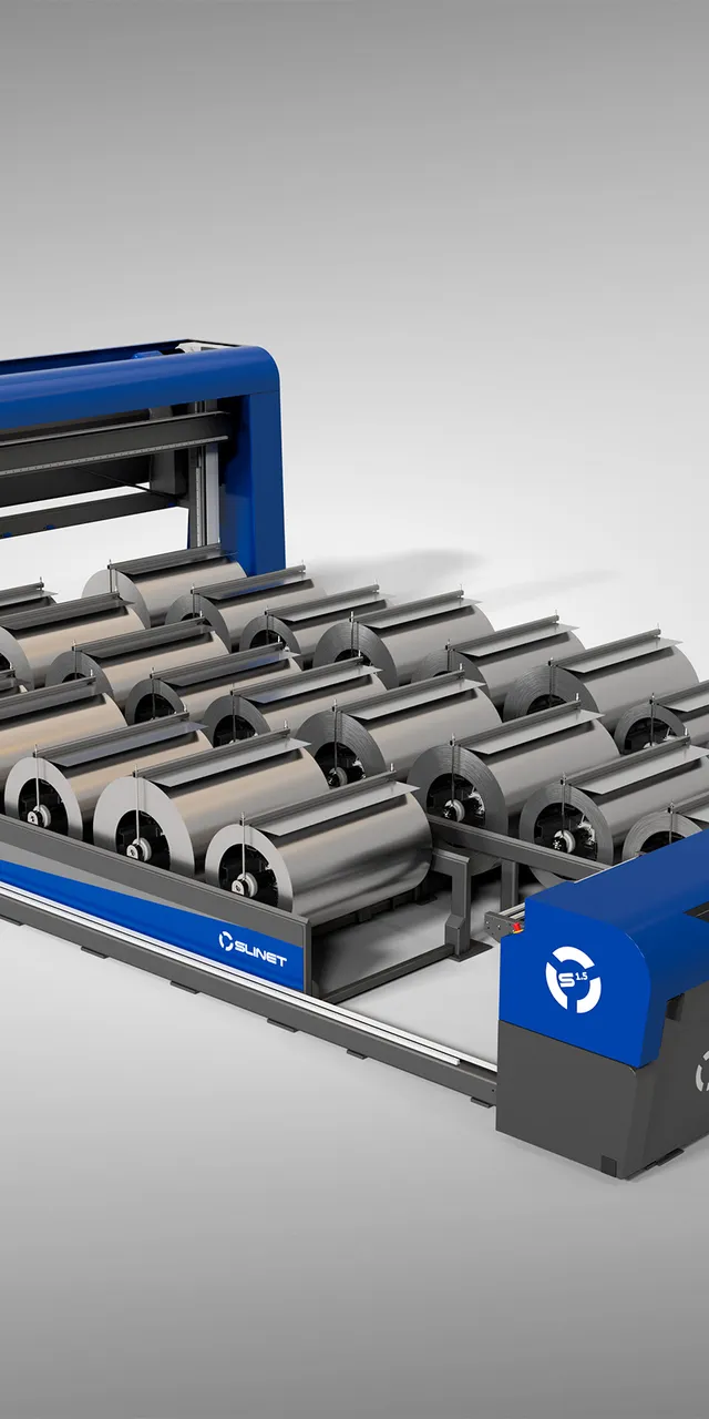 Technische 3D-Illustration des Slinet 5-Tonnen-Coillagers mit mehreren Bahnen und blauem Maschinengestell zur automatisierten Coillagerung.