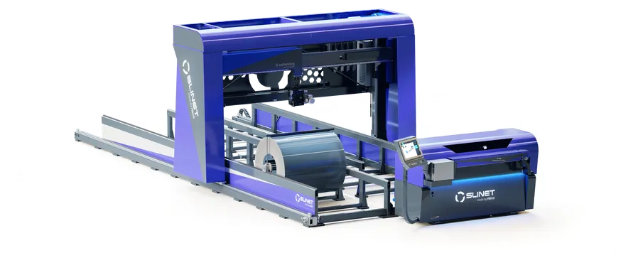 Technische 3D-Illustration eines Slinet 5 Tonnen Coillagers mit blau-grauem Maschinengehäuse und integriertem Lagersystem für Blechcoils.
