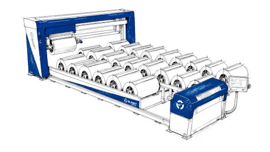 Technische Illustration des Slinet 5-Tonnen-Coillagers mit mehreren Lagerachsen und blauem Maschinengestell zur automatisierten Coil-Lagerung.