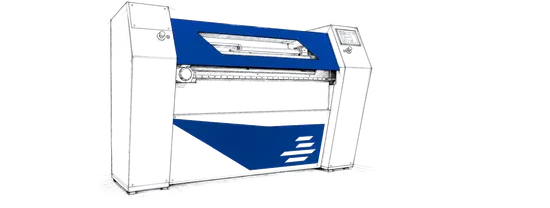 Technische Illustration der Slinet S1.0 Längs- und Querteilanlage in perspektivischer Ansicht mit blau-weißem Maschinengehäuse.