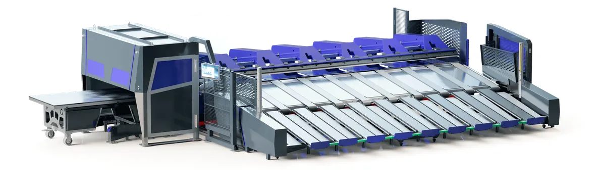 Freigestellte 3D-Illustration einer automatisierten Blechbearbeitungsanlage von Variobend und Slinet mit Doppelbieger und Entnahmeeinheit.