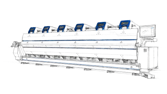 Technische Illustration der Variobend V2.5 als vollelektrischer Doppelbieger mit langem Maschinenaufbau und blauem Maschinendesign.