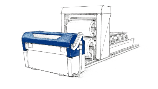 Technische Illustration des vollautomatischen Slinet 2-Tonnen-Coillagers mit blau-schwarzem Maschinengestell und mehreren Lagerachsen.