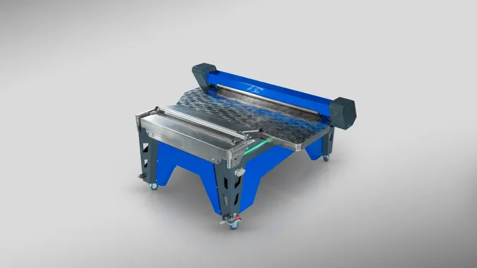 Slinet Flexcut Schrägschnittmodul mit blauem Maschinengestell und integrierter Schneideinheit.