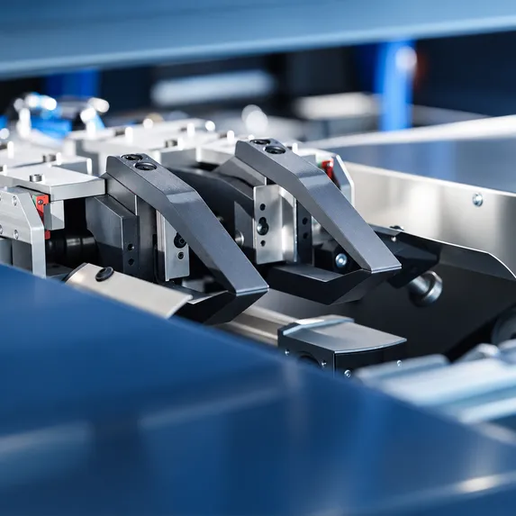 Detailaufnahme des Variobend Doppelbiegers mit mehreren mechanischen Greifereinheiten zur automatisierten Positionierung von Blechzuschnitten.