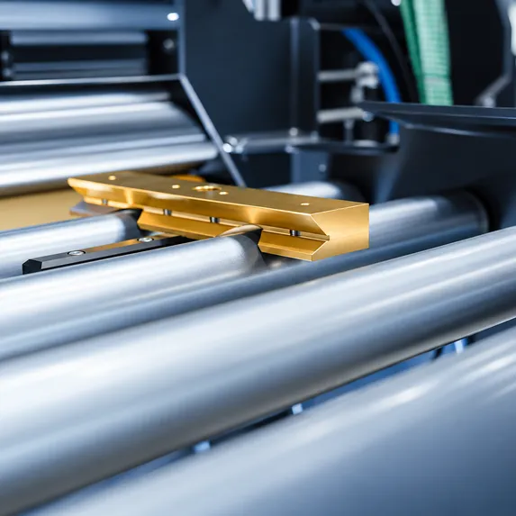 Detailaufnahme der automatischen Seitenausrichtung der Slinet S1.0 mit verstellbaren Seitenführungen zur präzisen Positionierung von Blechbändern.