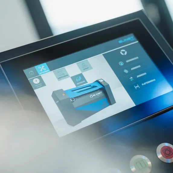 Touchscreen mit Slinet Pro Touch Software und grafischer Maschinenansicht zur Bedienung und Steuerung der Slinet Flexcut.