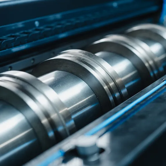 Detailaufnahme der automatischen Messerverstellung der Slinet S1.5 mit mehreren Rundmessern auf einer Schneidwelle.