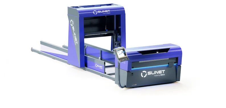 Technische 3D-Illustration eines 2 Tonnen Coillagers mit blau-grauem Maschinengehäuse und integriertem Lagersystem für Blechcoils.