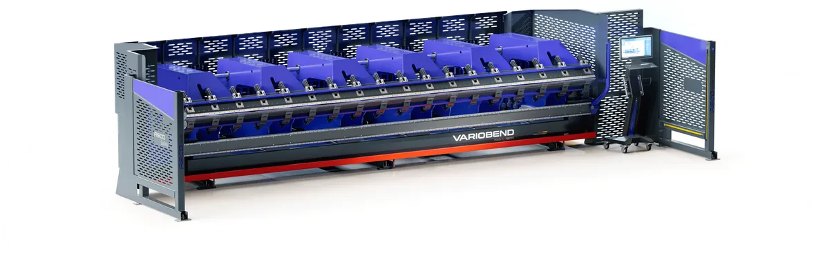 Freigestellte 3D-Illustration eines Variobend Doppelbiegers mit langem blauem Maschinengehäuse, Biegewangen und seitlichem Bedienpanel.